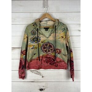 Lola P Shirt Womens Medium Multicolor Floral Hooded Sequin V Neck Boho Crop